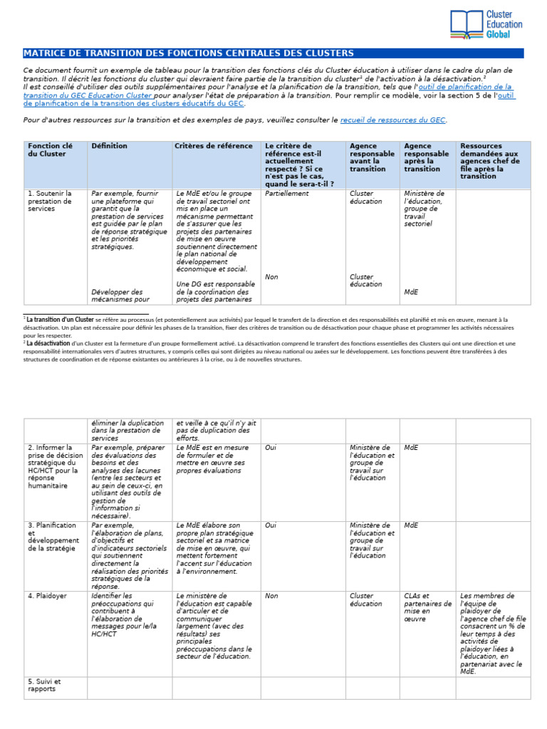 FR - GEC Cluster Core Function Transition Matrix - Template | PDF