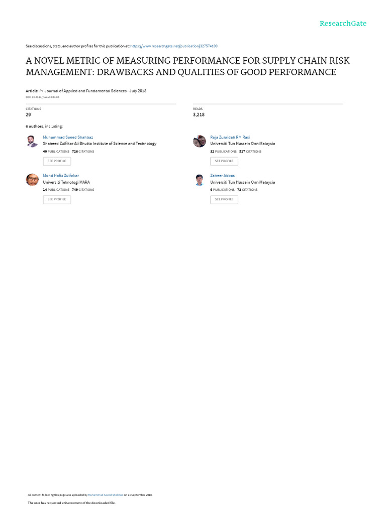 A Novel Metric of Measuring Performance For Supply Chain Risk | PDF