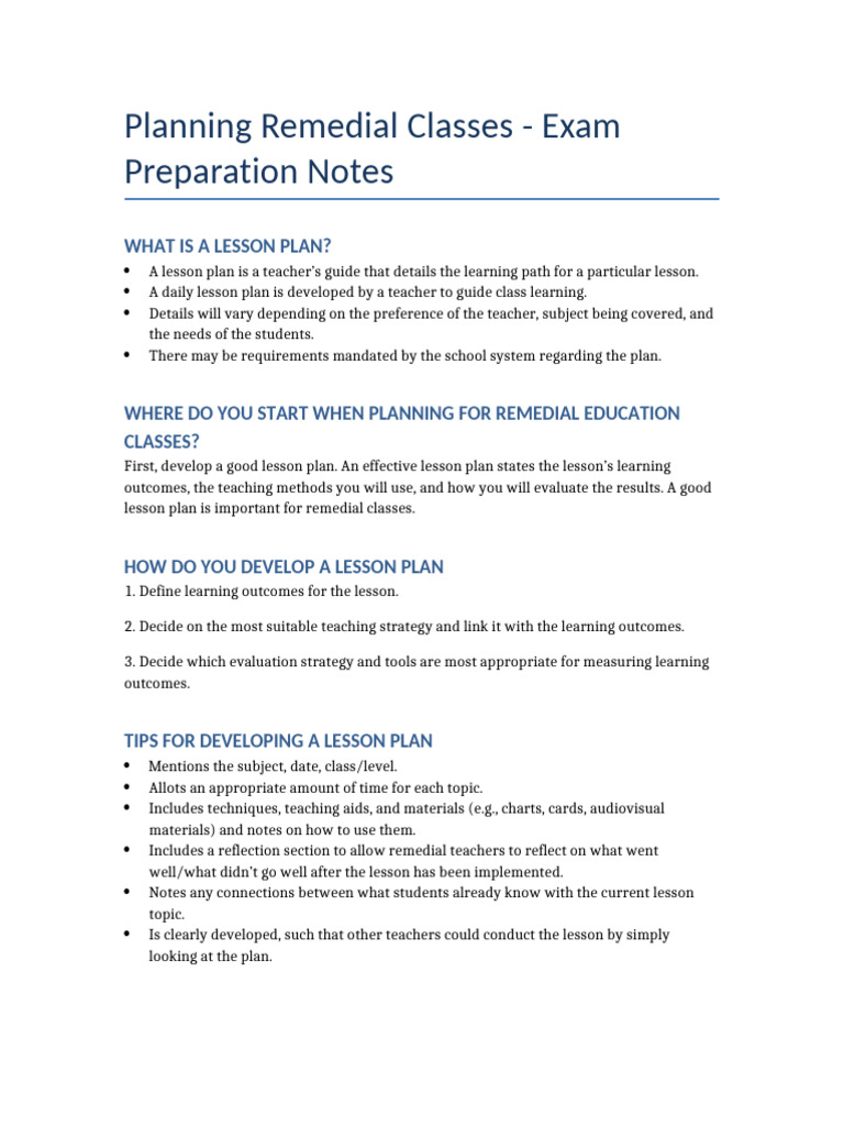 Remedial Class Planning Notes 2 | PDF