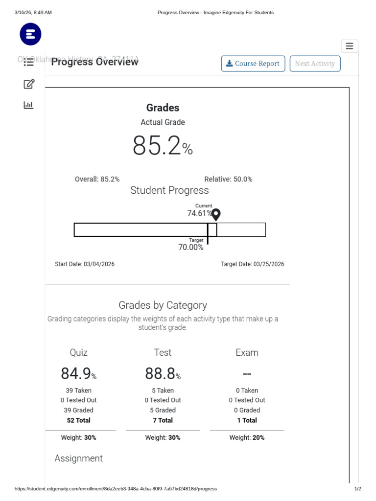 Progress Overview - Imagine Edgenuity For Students | PDF