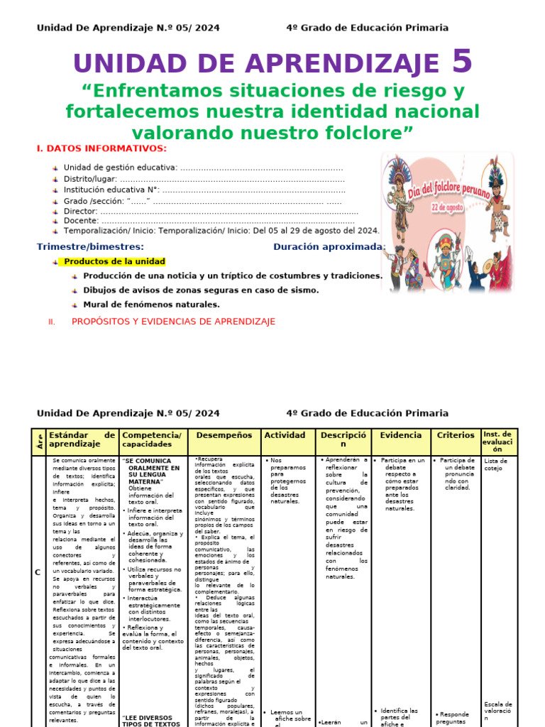 4° Grado Unidad de Aprendizaje 5 Agosto | PDF