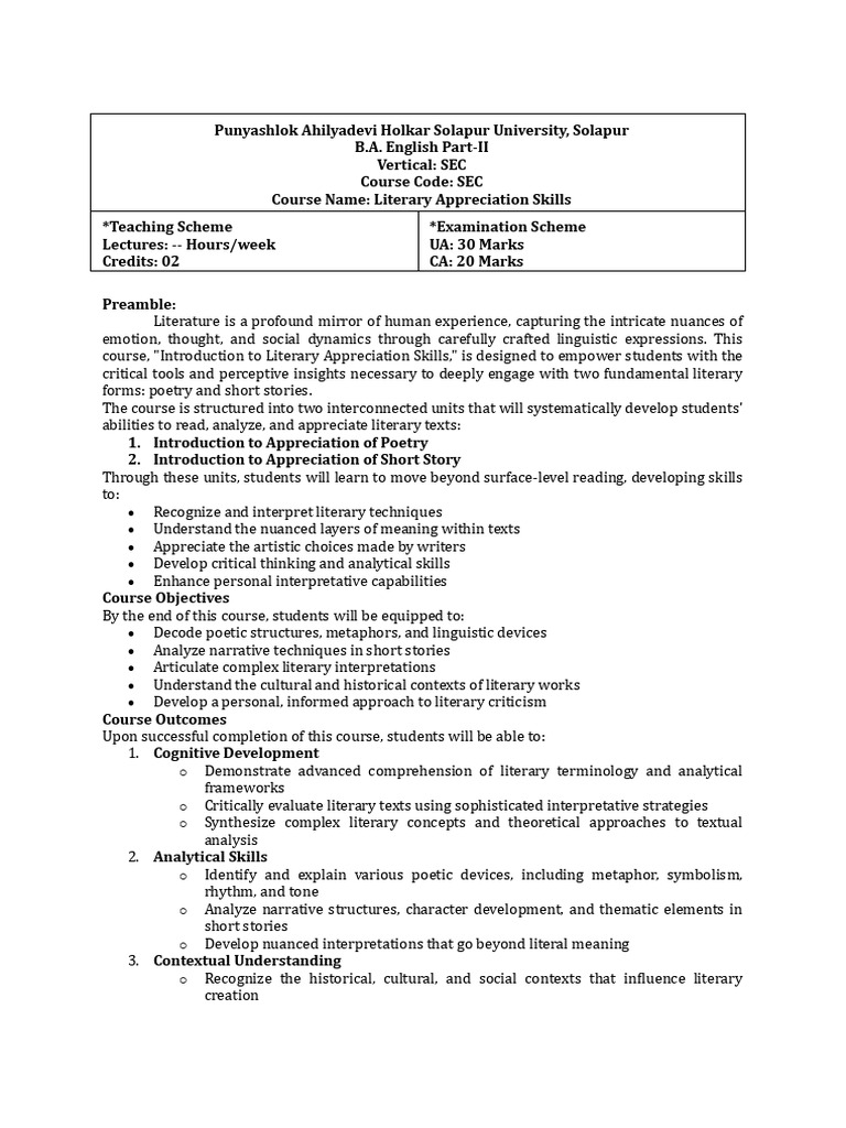 BA II Sem IV SEC Literary Appreciation Skills | PDF