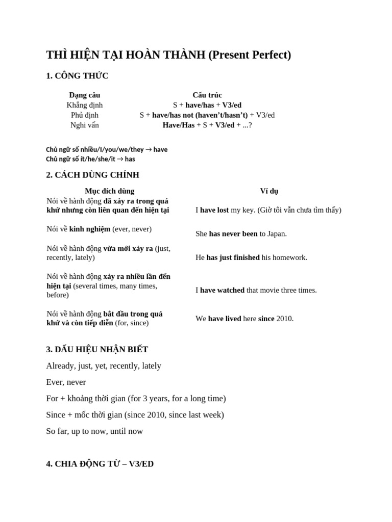Handout 3 - Ôn Tập Thì HTHT | PDF