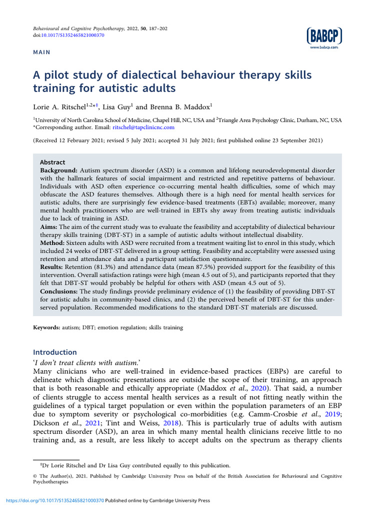 A Pilot Study of Dialectical Behaviour | PDF