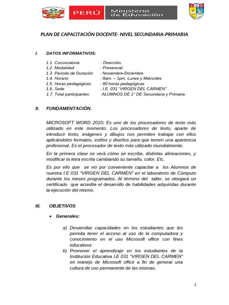 Plan de Capacitacion Docente 2026 | PDF | Microsoft Word | Procesador ...