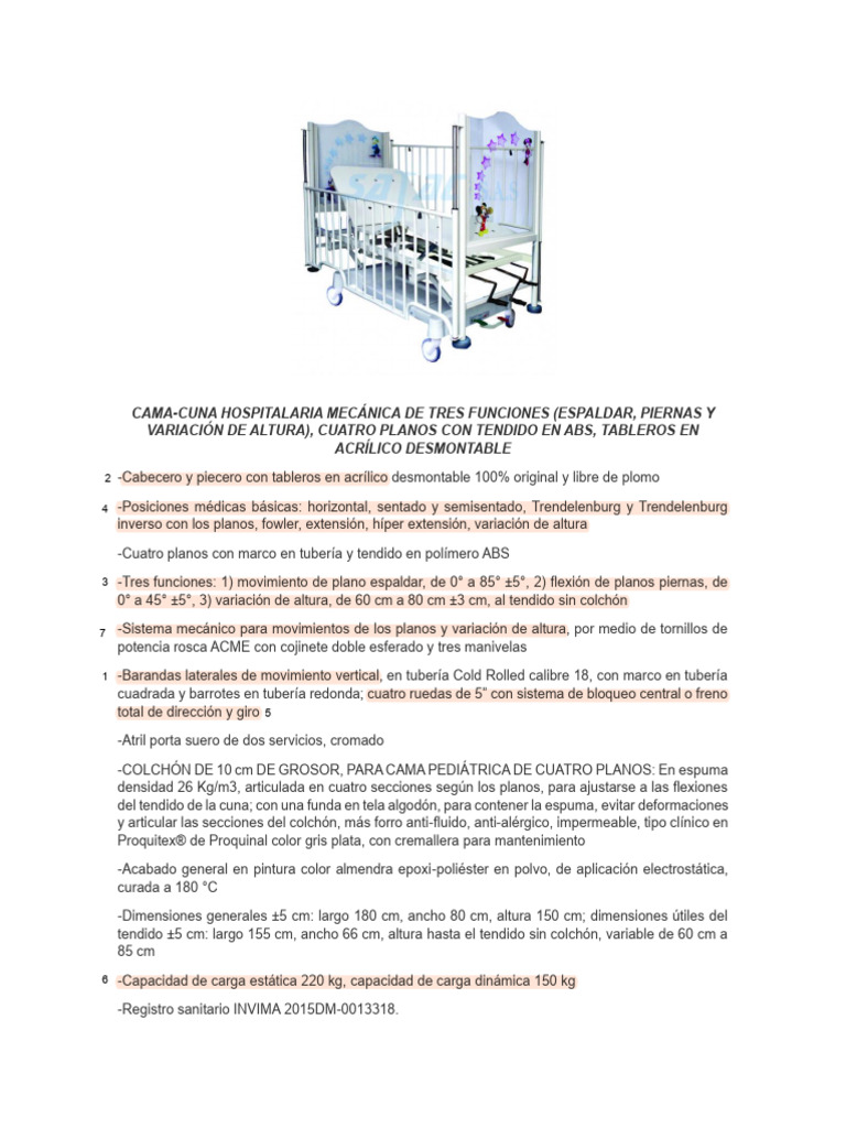 Ficha Técnica 23.1 Cuna Pediátrica Sajac | PDF