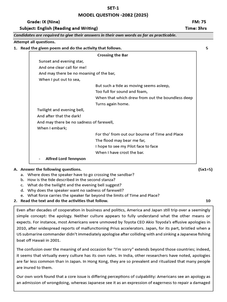 Model Question Set 1 Class 9 | PDF