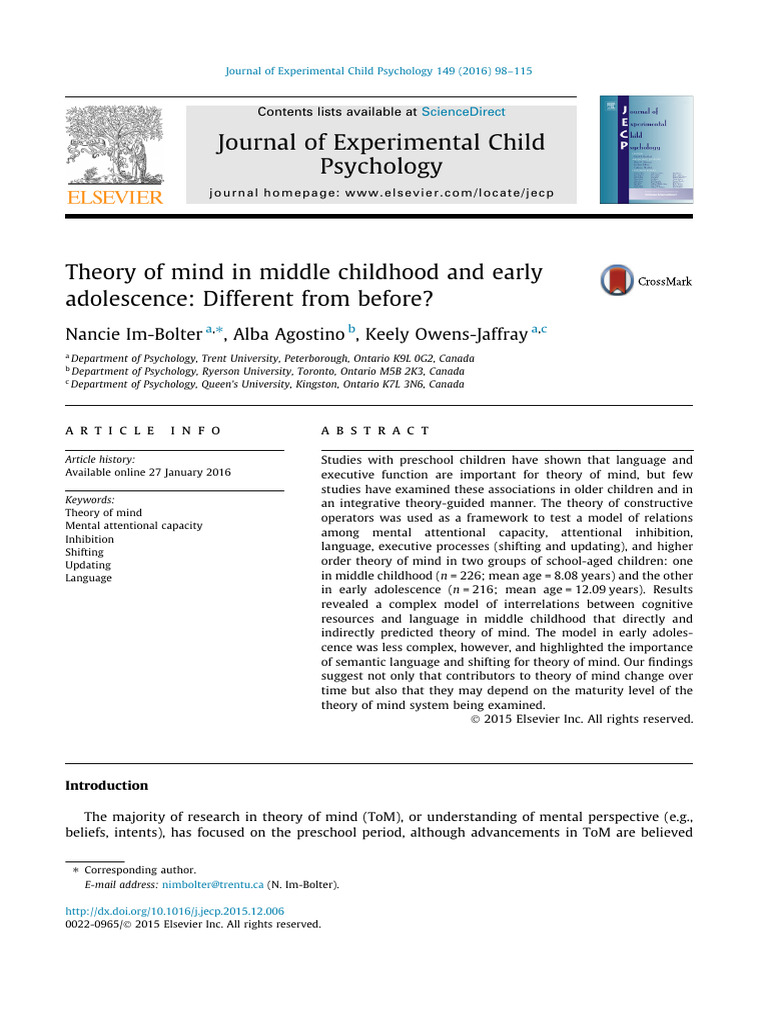 Theory of Mind in Middle Childhood and Early Adolescence: Different ...