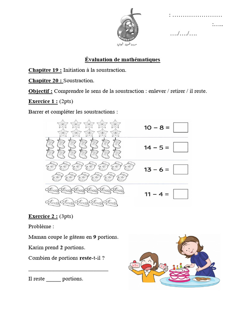 Évaluation Maths-EB1-Chapitres 19 Et 20-Initiation À La Soustraction ...