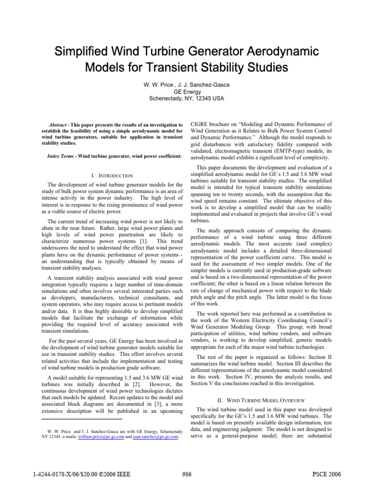 Simplified Wind Turbine Generator Aerodynamic Models For Transient ...