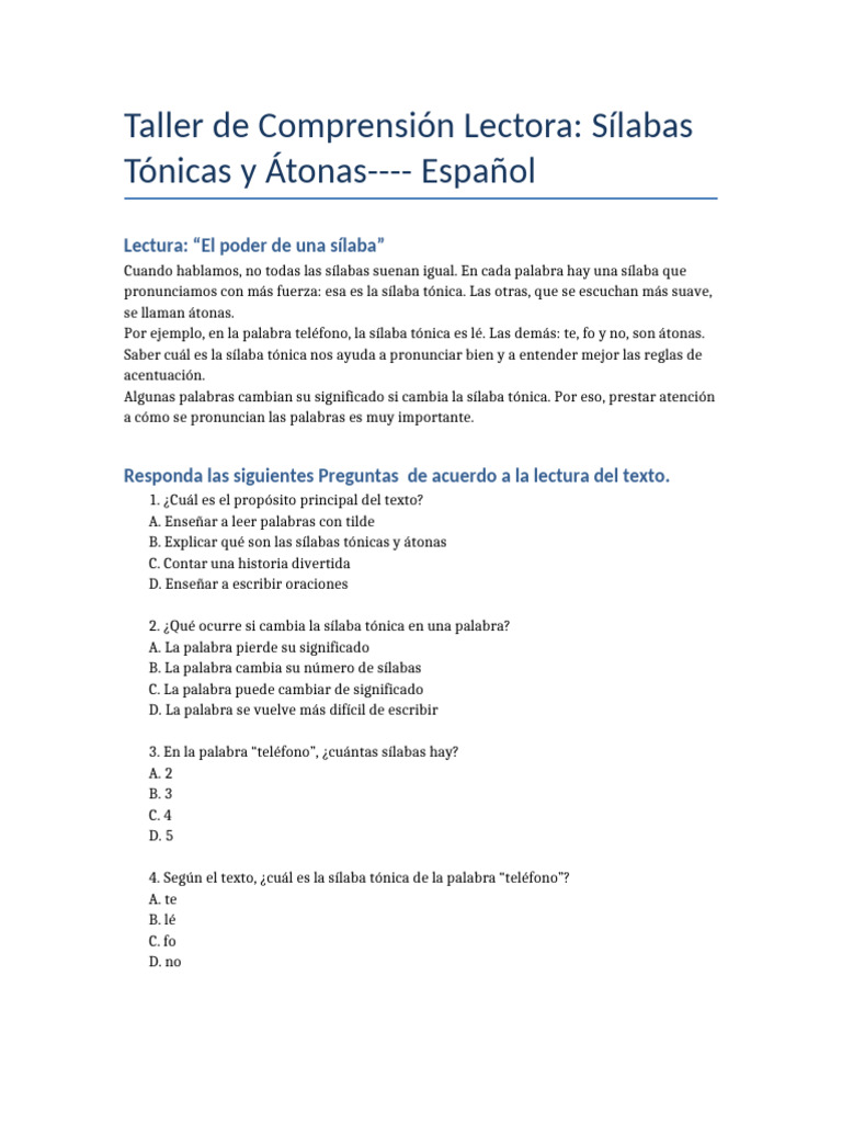 Guía de Comprensión Lectora - Sílabas Tónicas y Átonas | PDF