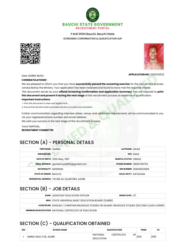 Screening Confirmation & Qualification Slip | PDF