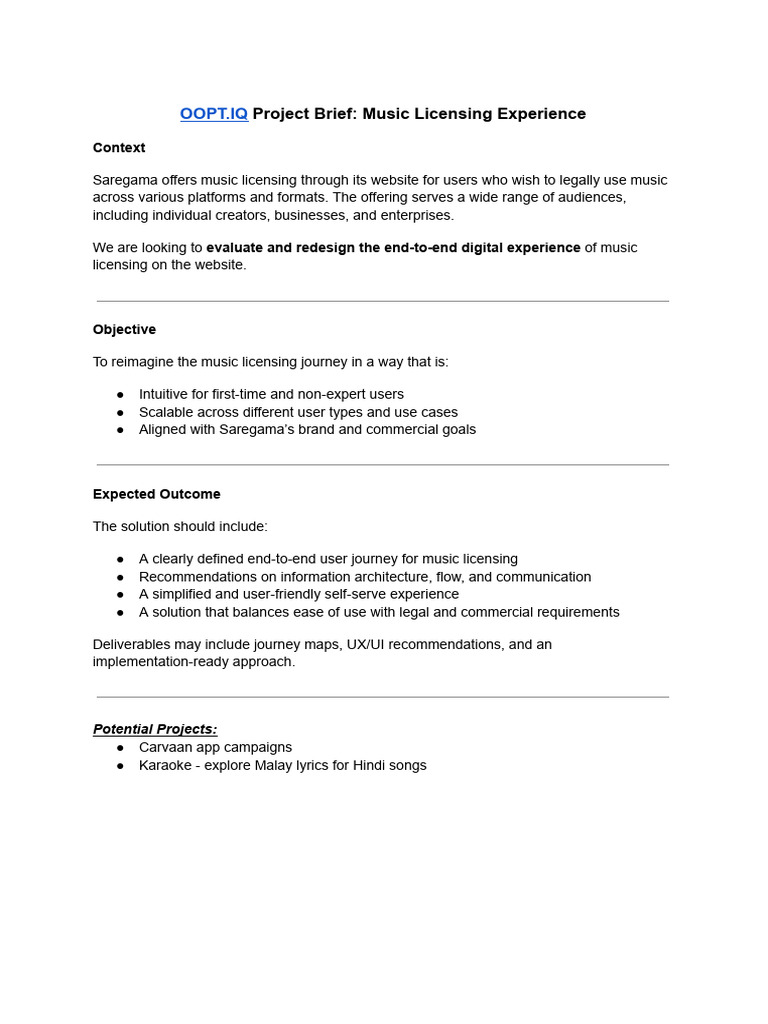 OOPT - Iq Project Brief - Music Licensing Experience | PDF