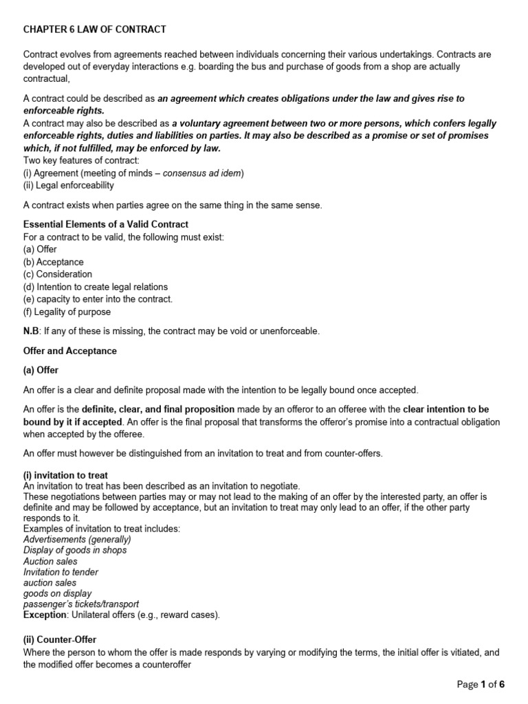 Chapter 6 Law of Contract | PDF | Offer And Acceptance | Consideration