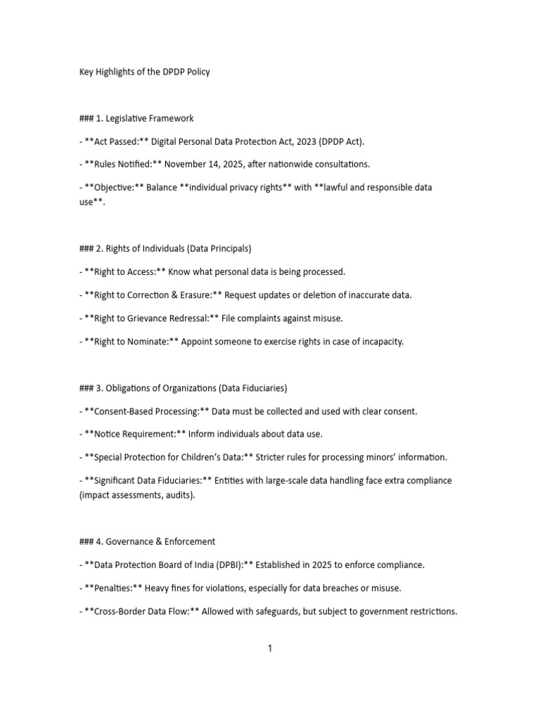 Key Highligths of The DPDP Policy | PDF | Regulatory Compliance | Consent