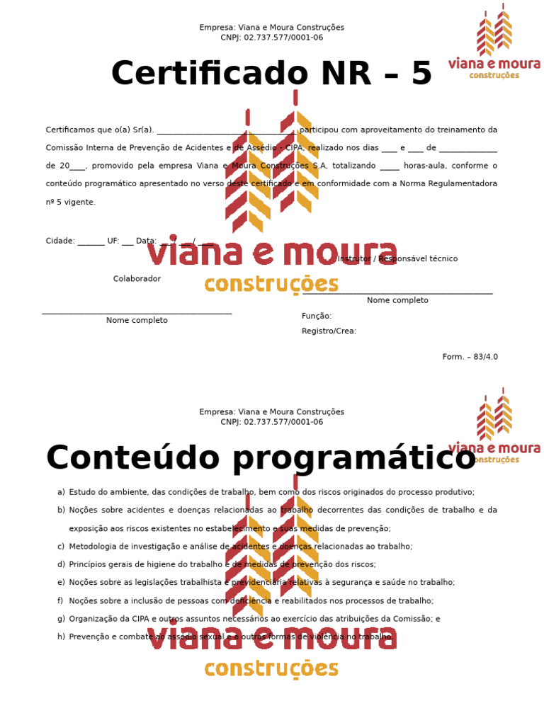 Form. 83 - Certificado NR 5 - CIPA Rev. 4.0 | PDF