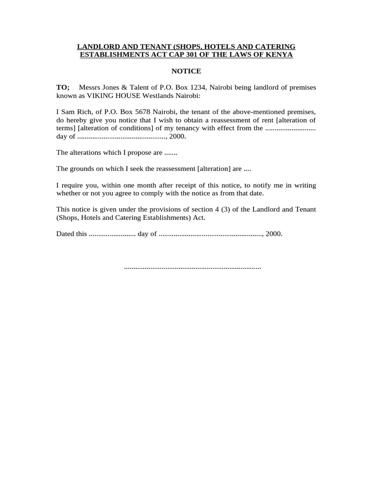 Tenant - S Notice - Reassessment of Rent-Alteration of Terms O.dot | PDF