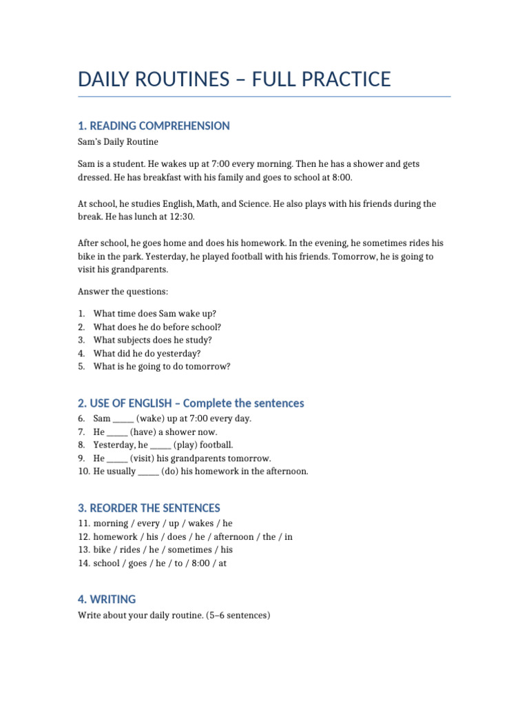 Daily Routines Worksheet | PDF