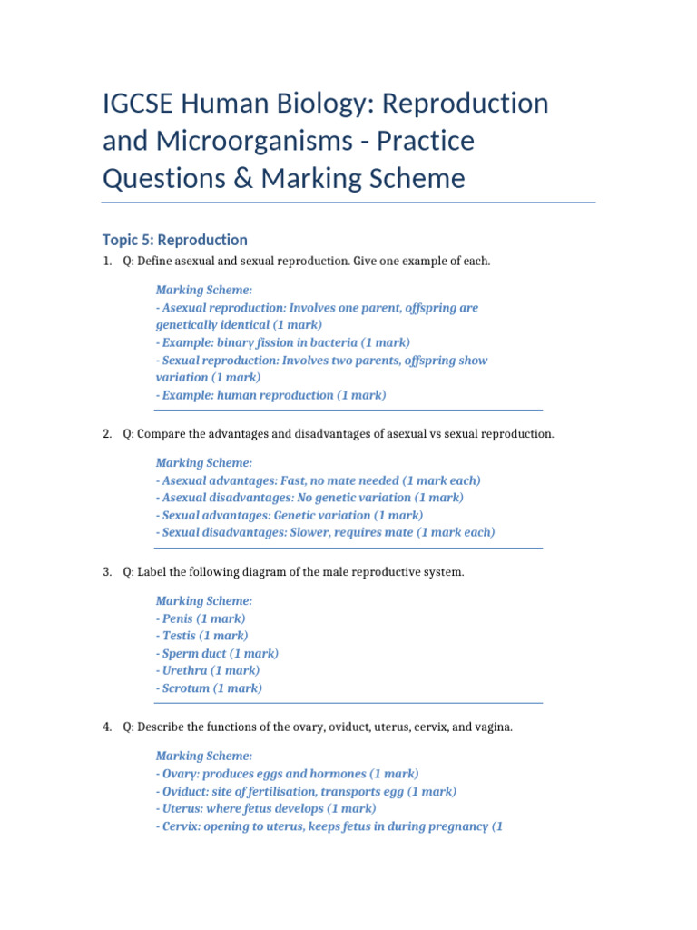 IGCSE Human Biology Reproduction Microorganisms Questions | PDF | Human ...