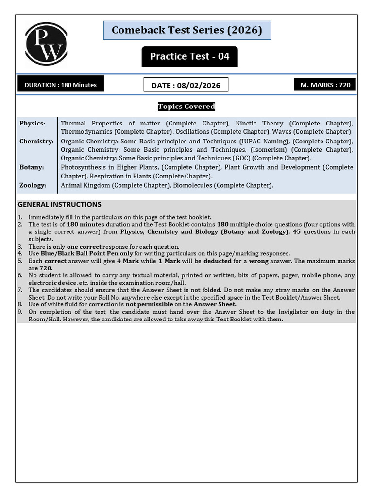Practice Test - 04 Answer Key & Solutions | PDF