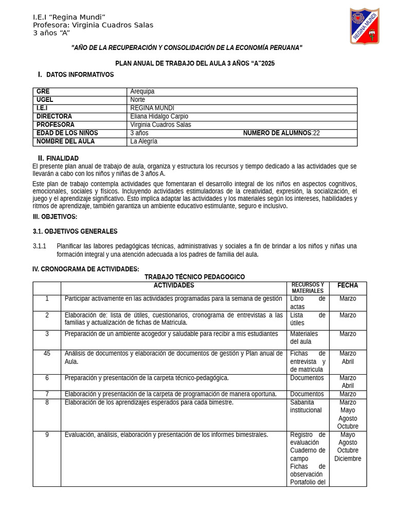 Plan Anual de Trabajo Del Aula 2025 | PDF | Salón de clases | Pedagogía