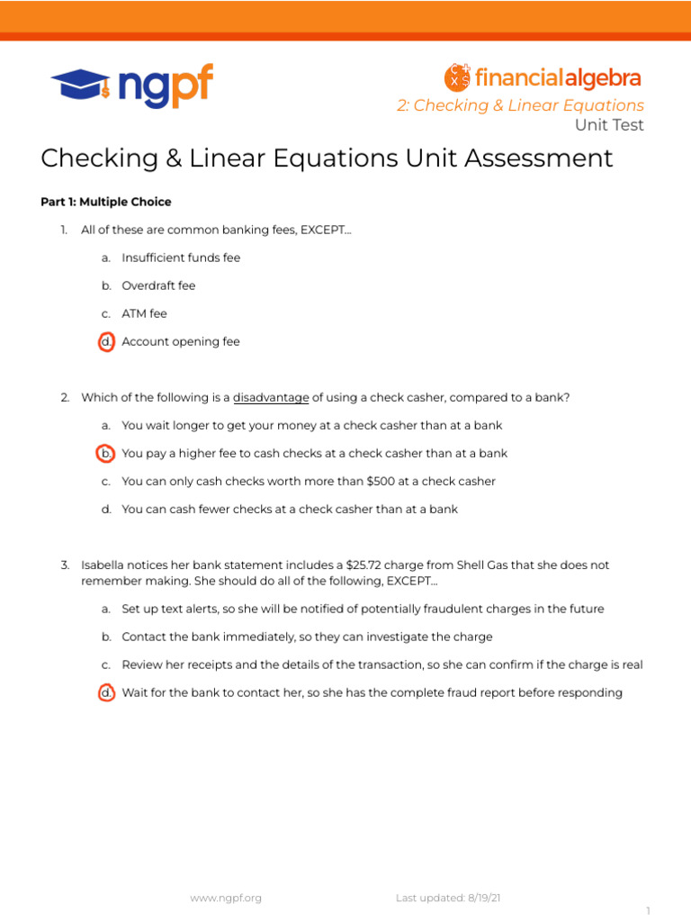 FA-2 Checking & Linear Equations Unit Assessment | PDF | Transaction ...