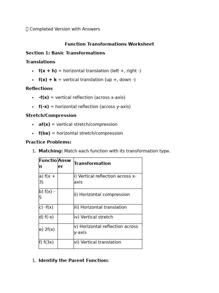 Function Transformations Worksheet Answered | PDF | Mathematical ...