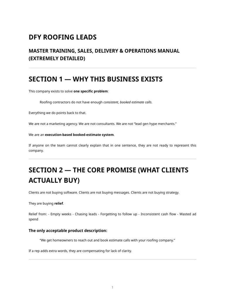 Dfy Roofing Leads - in Depth Training & Operations Manual | PDF