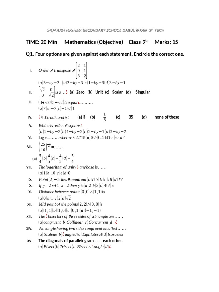 Maths 9th Obj 1st Term | PDF