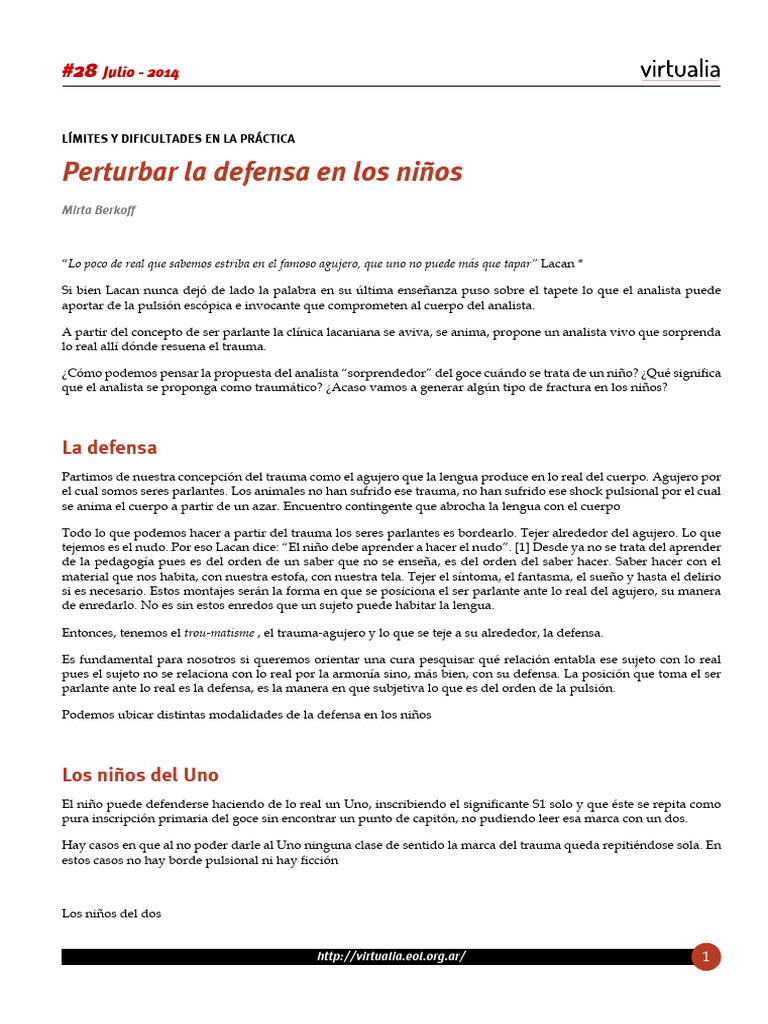 Mirta Berkoff. Perturbar La Defensa | PDF | Jacques Lacan | Trauma ...