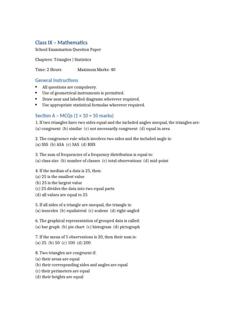 Class 9 Maths Triangles Statistics School Level | PDF | Elementary ...