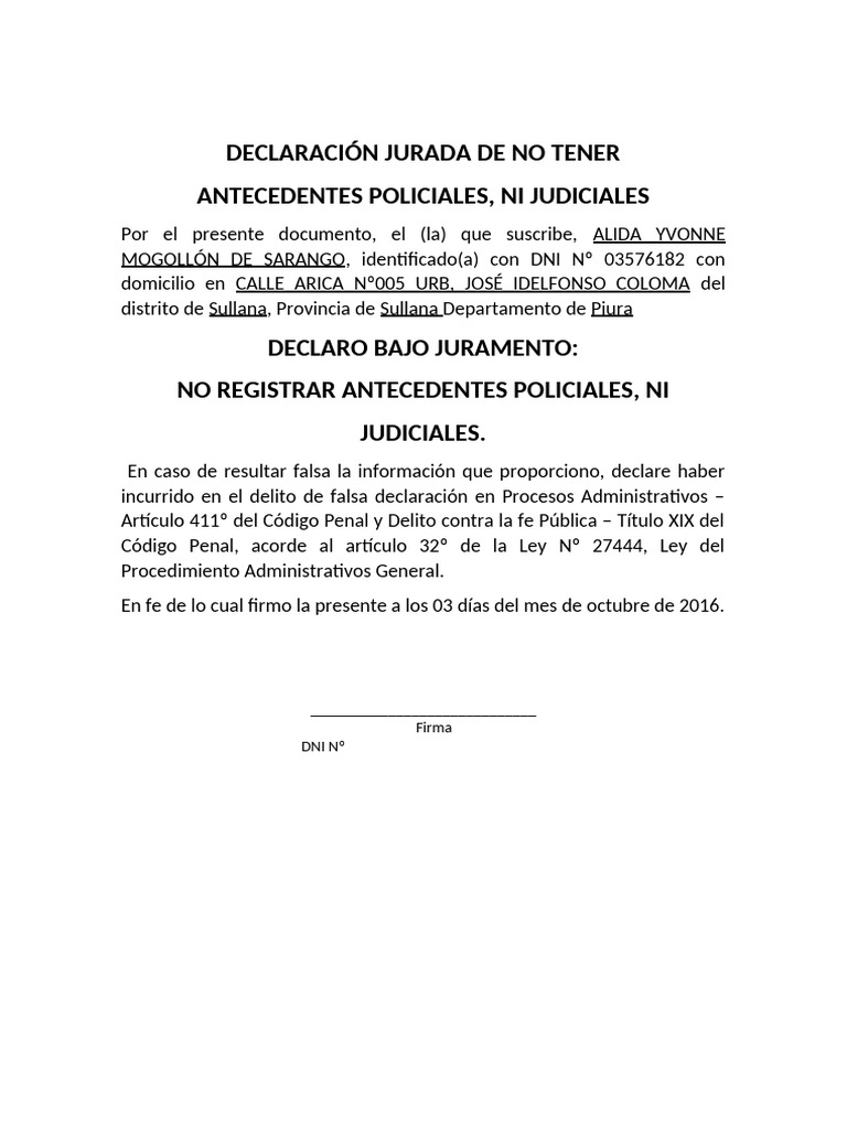 Declaración Jurada de No Tener | PDF
