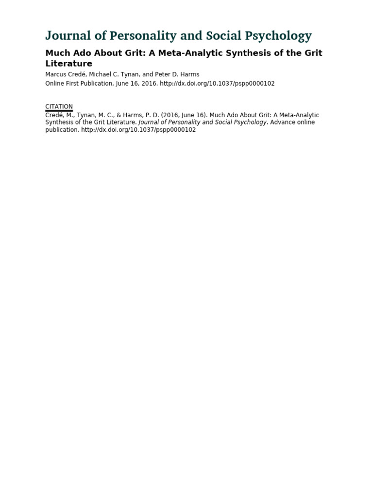 Much Ado About Grit - A Meta-Analytic Synthesis of The Grit Literature ...