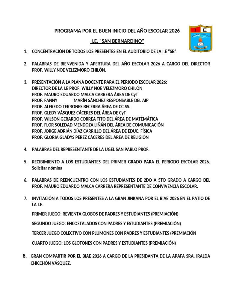 Programa Por El Buen Inicio Del Año Escolar 2026 | PDF
