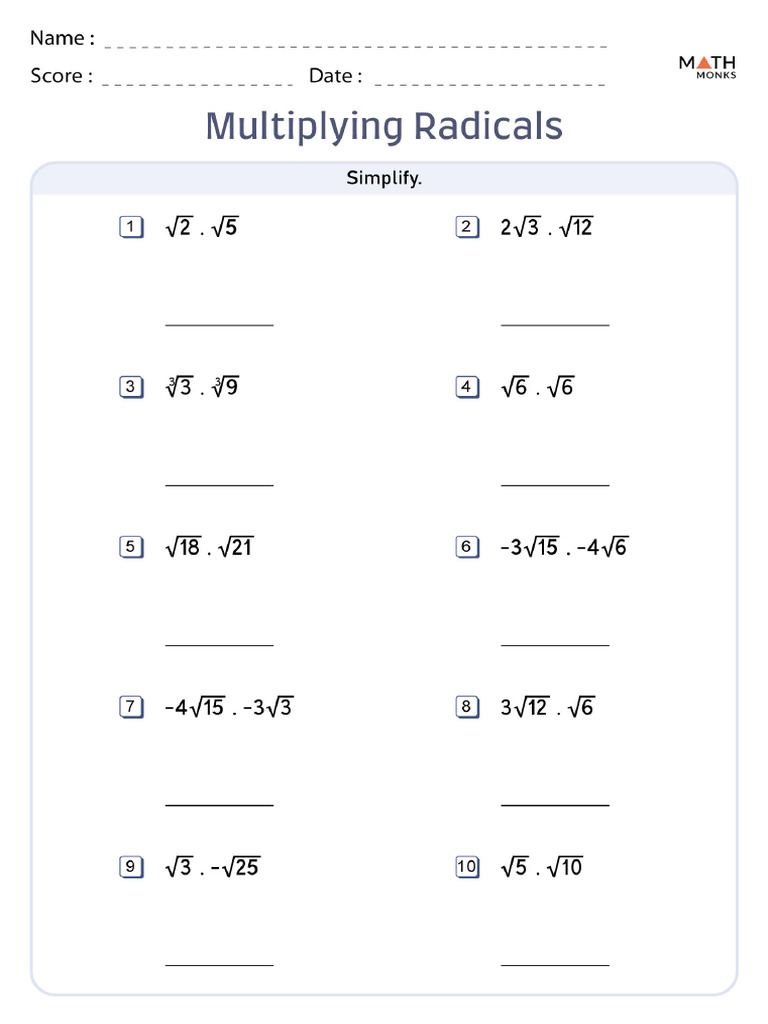 Multiplying Radicals Worksheet | PDF