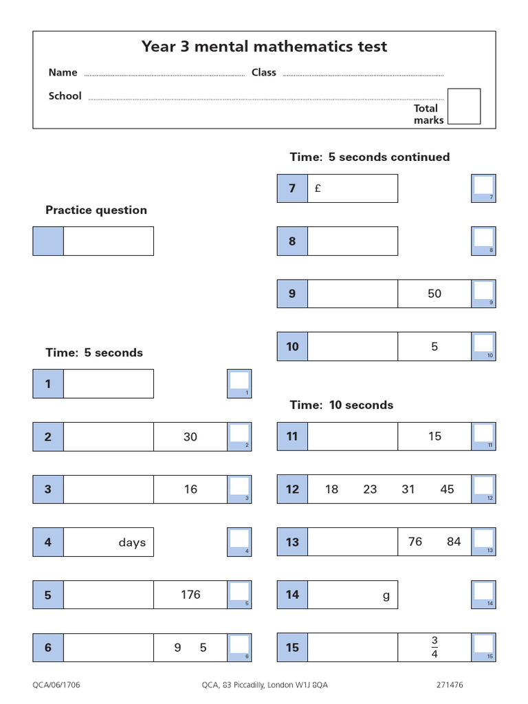 Year 3 2006 Mental Maths Answer Sheet | PDF