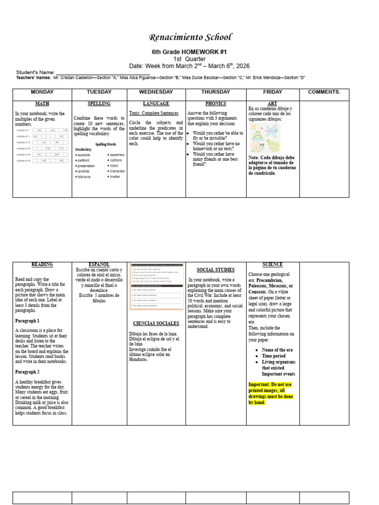 6th Grade Homework Sheet 1 1st Q 2026 | PDF | Pedagogy | Learning