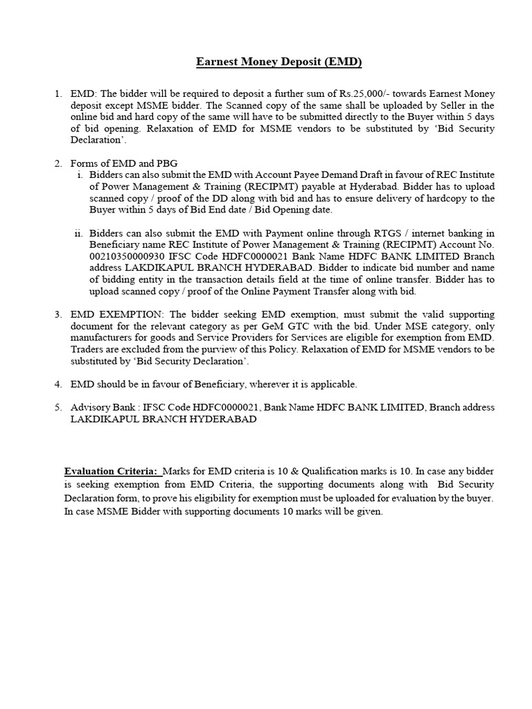 Earnest Money Deposit (EMD) | PDF