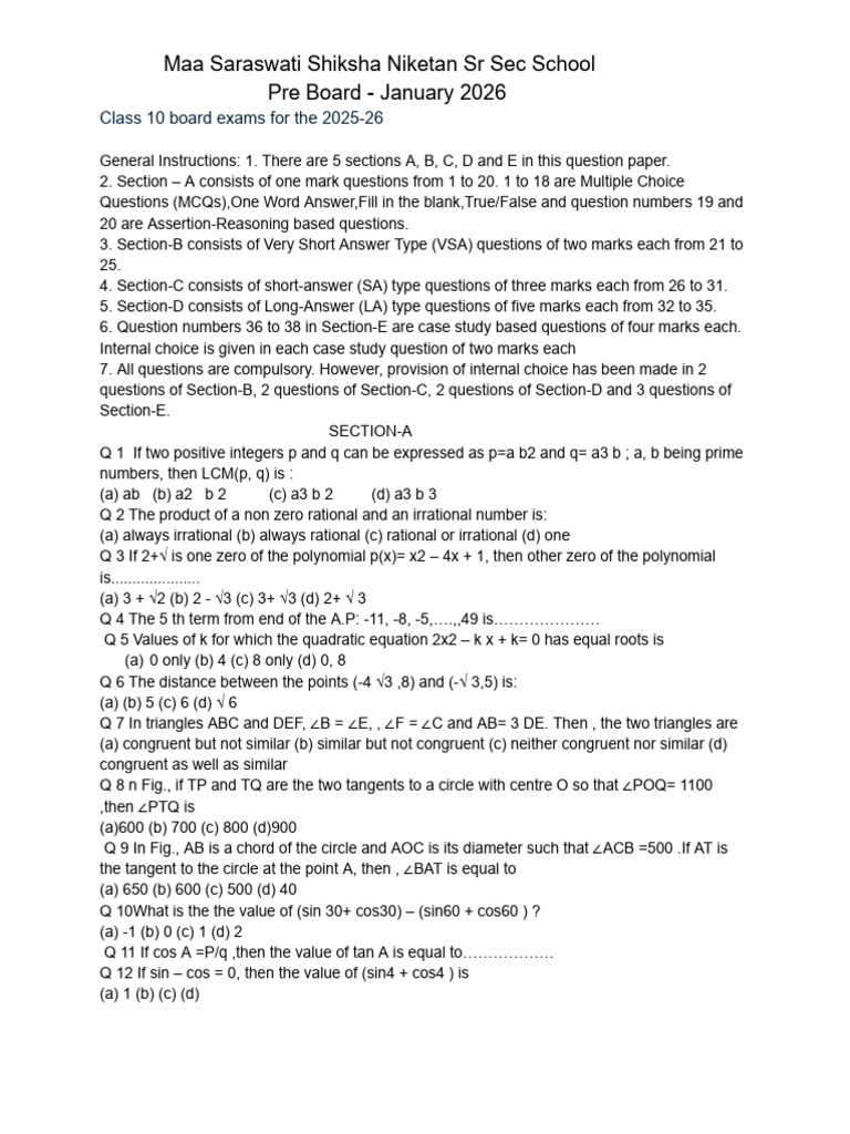 Class 10 Math Pre Board | PDF | Circle | Euclidean Geometry