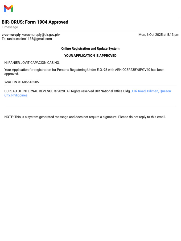 Gmail - BIR-OrUS - Form 1904 Approved | PDF