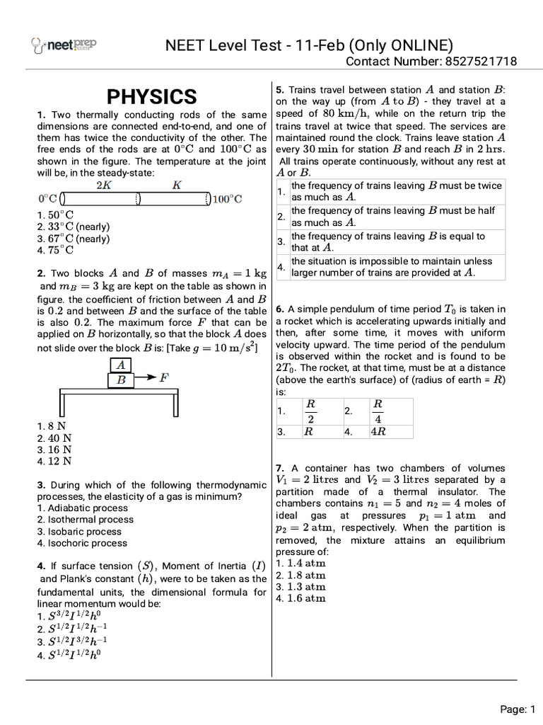 NEETLevel Test 11 Feb Only ONLINE | PDF | Buffer Solution | Waves