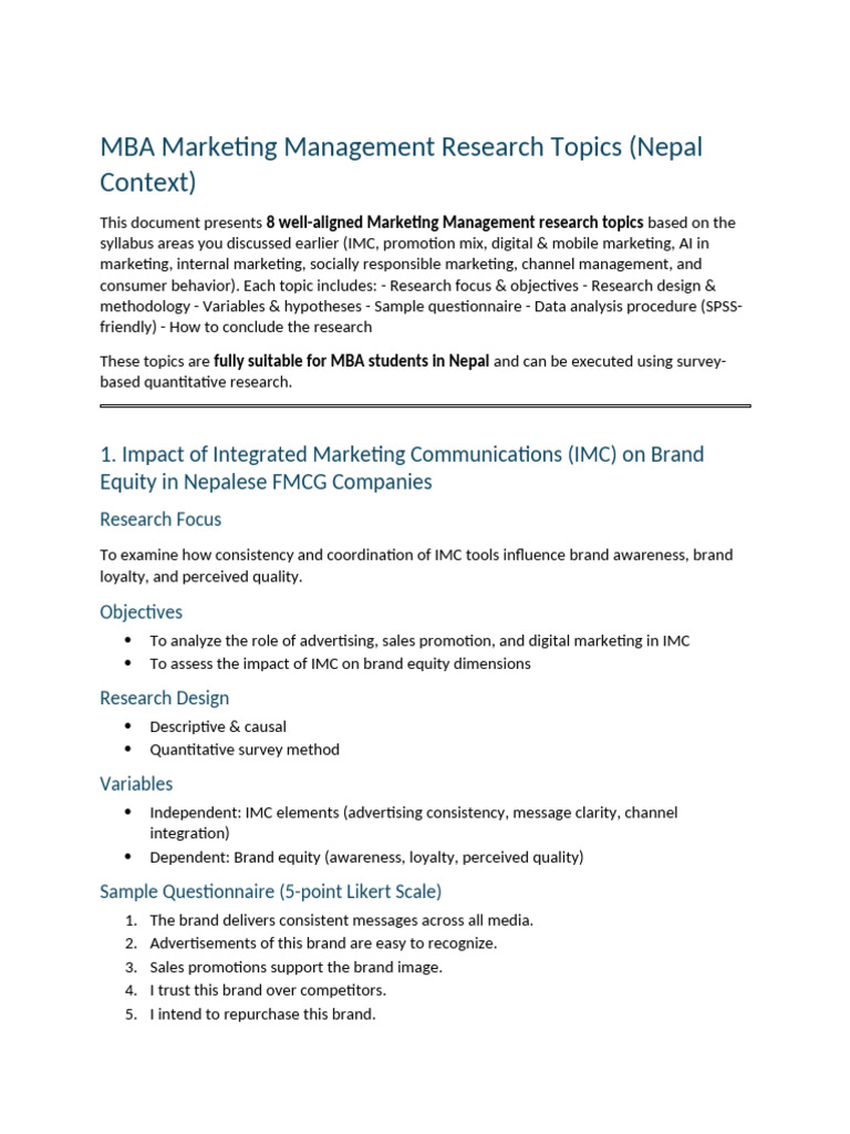 Mba Marketing Management Research Topics (Nepal Context) | PDF ...