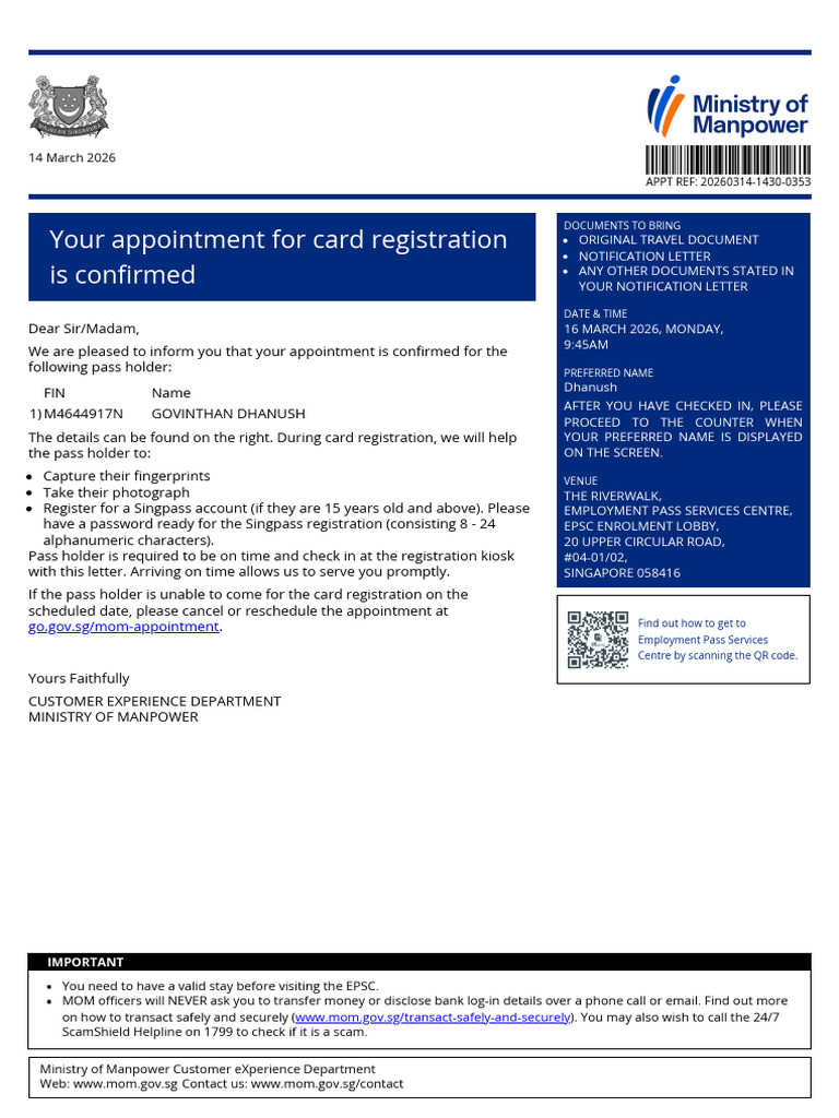 Your Appointment For Card Registration Is Confirmed: Go - Gov.sg/mom ...