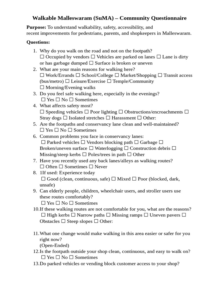 Walkable Malleshwaram (SuMA) - Community Questionnaire | PDF ...