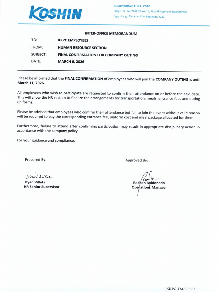 Memo Final Confirmation For Company Outing | PDF