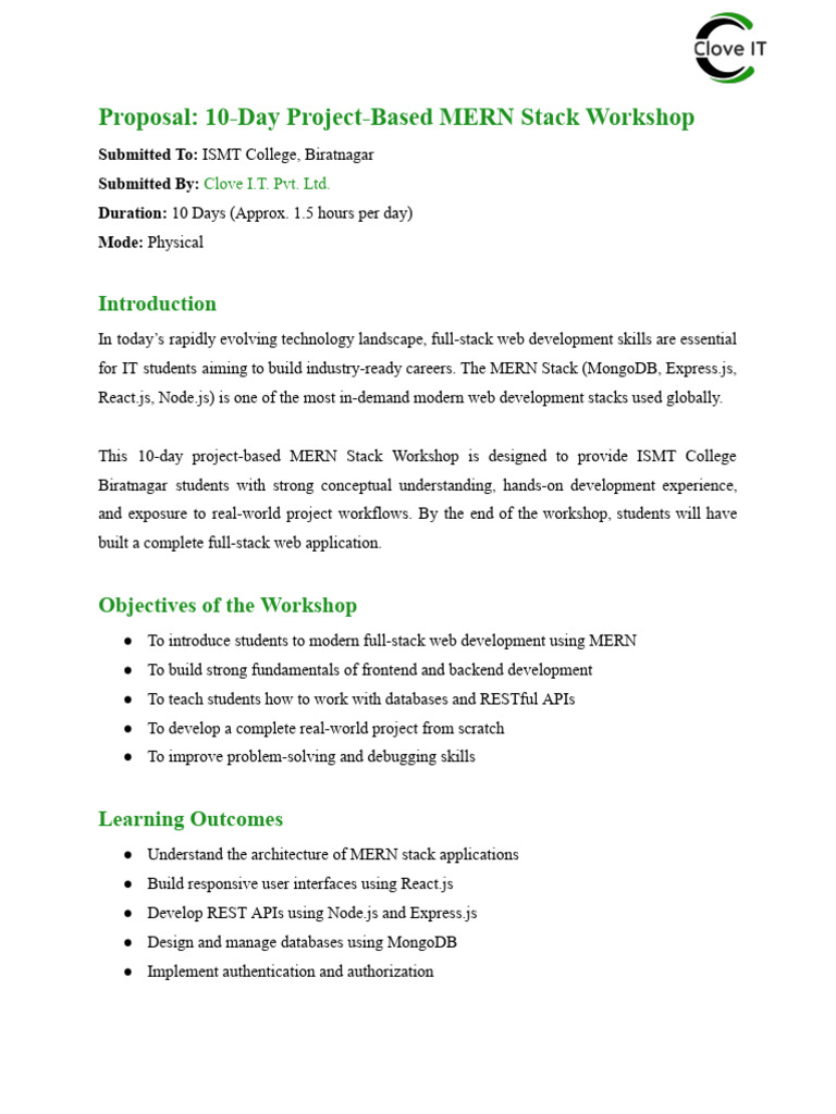 Proposal - 10-Day Project-Based MERN Stack Workshop | PDF | Web ...