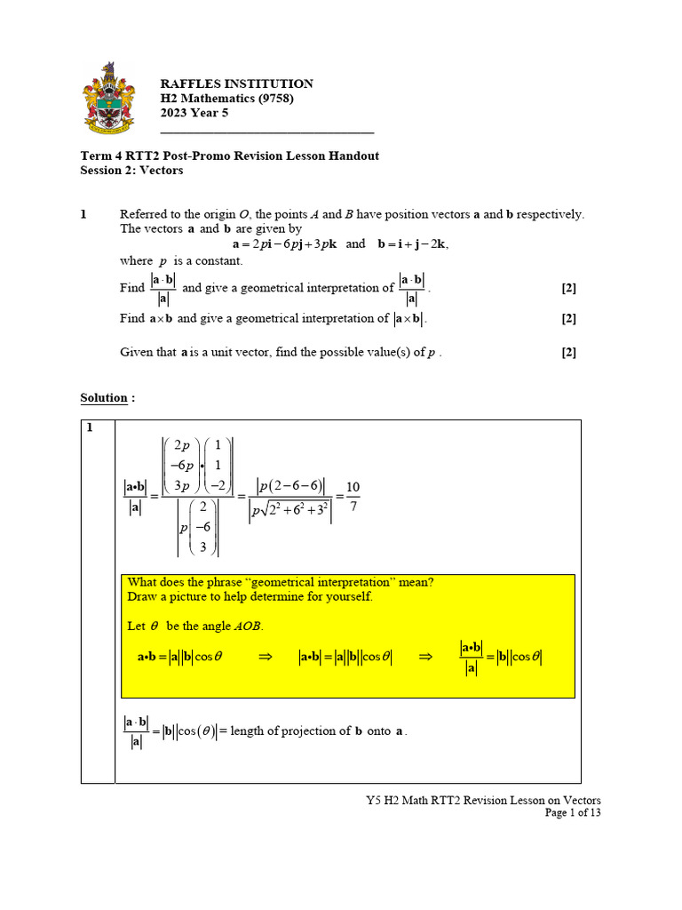 Session 2 - Handout On Vectors (Soln) | PDF | Equations | Euclidean Vector