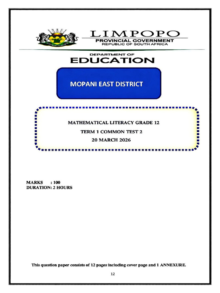 Maths Literacy Common Test Term 1 20 March 2026 | PDF
