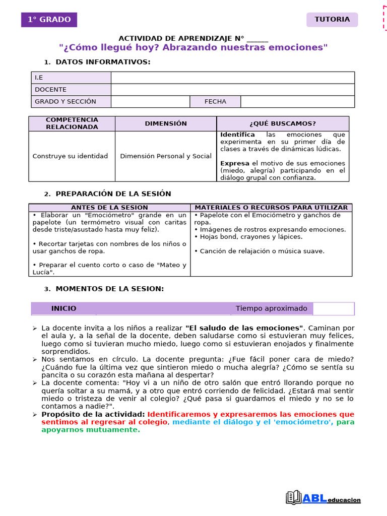 DIA 2 - TUTORIA 1° GRADO - copia | PDF | Las emociones