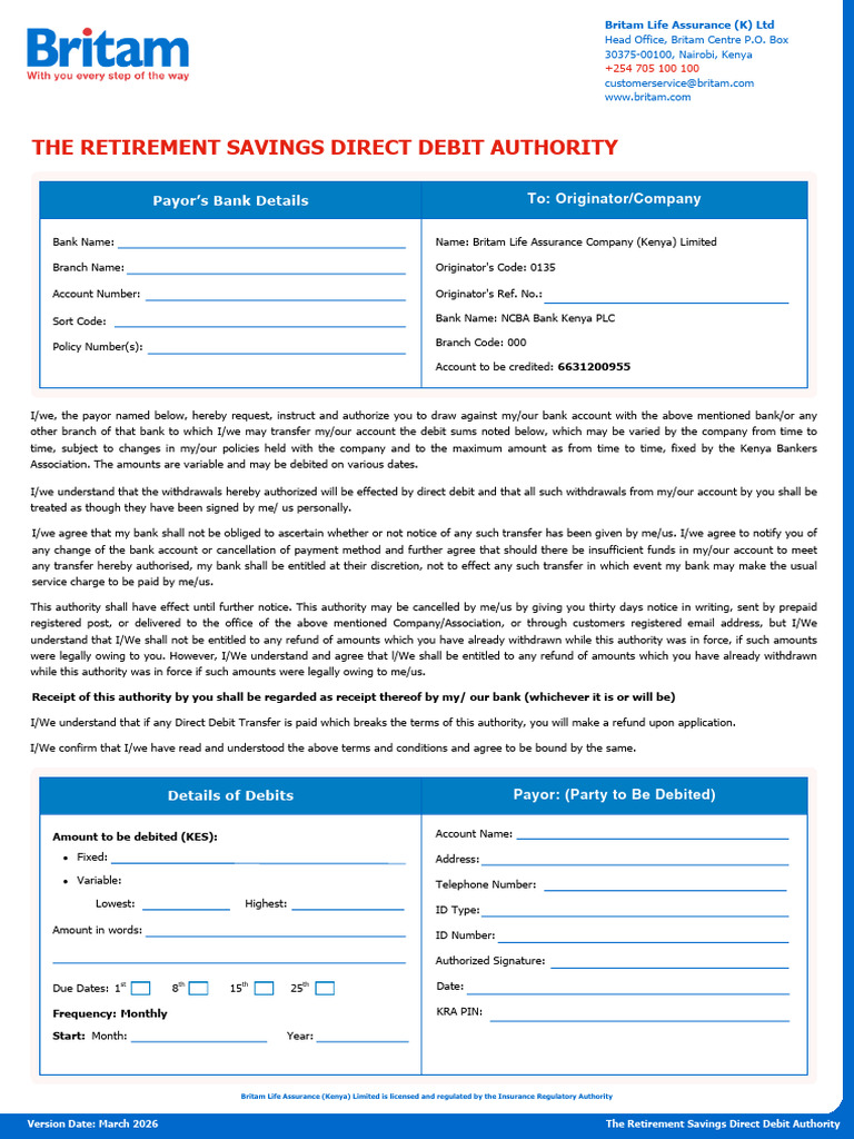 Fillable The Retirement Savings Direct Debit Authority Form - March ...